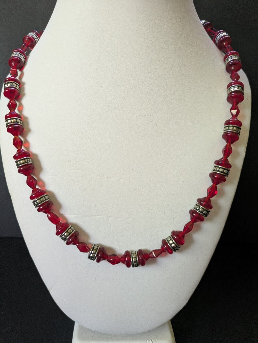 Vintage Red & Silver Beaded Statement Necklace 22" Boho Festival Whimsigoth